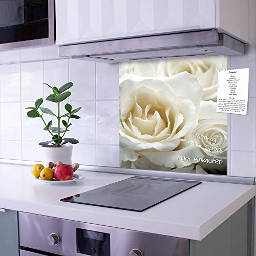 banjado Küchenrückwand Glas ohne Bohren 50x50cm – Glasrückwand Küche mit Motiv White Roses/Spritzschutz Küchenrückwand Glas/selbstklebende Küchenrückwand Platte - magnetisch & beschreibbar