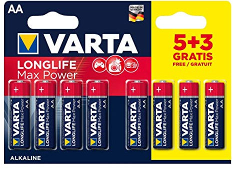 Varta 4706101428 Longlife Max Power (Max Tech) Batteria Alcalina, Stilo AA LR6, 1,5 V, Confezione da 5+3 Pile - Il design può variare, Confezione risparmio, Promozionale