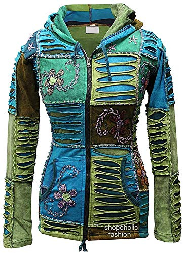 Miscela Blu fiore ricamo folletto cappuccio rasoio taglio stile etnico hippy felpa con cappuccio boho giacca - Blu, XX-Large