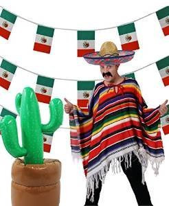 SUPER MEXIKO 5 TEILIGES SET ==BEINHALTET EINEN SOMBRERO IHRER Wahl ERHALTBAR IN 4 VERSCHIEDENEB FARBEN== EINEM MEHRFARBIGEN PONCHO = = EINEN AUFBLASBAREN KAKTUS 96cm GROß DER BODEN KANN MIT SAND ODER WASSER GEFÜLLT WERDEN==EINER 10meter LANGEN MEXIKANISCHEN FLAGGEN GIRLANDE==EINEN AUFKLEBBAREM SCHWARZEN MEXIKANER SCHNURRBART= VON ILOVEFANCYDRESS®==MIT BLAUEN STICKEREIEN