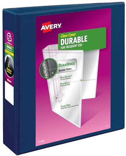 Avery Durable View 3 Ring Binder, 2 Inch Slant Rings, 530-Sheet Capacity, DuraHinge, 2.8 Inch Wide Spine, Customizable Clear Covers and Spine, 1 Dark Blue Binder (17034)