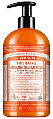 Dr Bronner’s 4-in-1 Organic Tea Tree Sugar Soap, Made with Organic Oils, Sugar and Shikakai Powder, For Hands, Body, Face & Hair, Fair Trade Certified & Vegan Friendly, 701ml Recycled Pump Bottle