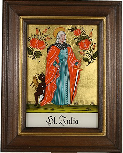 Hinterglaswerkstätten - Hl. Julia, Handbemaltes Patronatsbild mit Legende auf der Rückseite, 24 Karat Blattgold-Hintergrund, Braun gebeizter Holzrahmen, ca. 12,5 x 16 cm, Wohnzimmer Wandbild