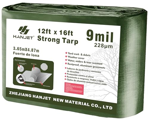Hanjet Multi Purpose Tarp 12' x 16' 9-mil Thick Waterproof Camping Tents Tarps Poly Tarpaulin Green