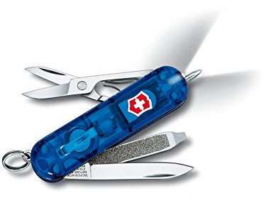 Victorinox Signature Lite Swiss Army Pocket Knife, Small, Multi Tool, 7 Functions, LED, Pen, Blue Transparent
