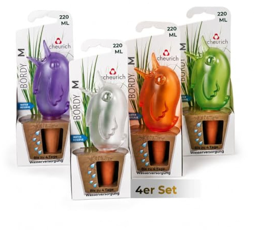 Scheurich Wasserspender Bördy M | 4er Set Lila/Grün/Transparent/Orange | 220 ml Füllmenge | Bewässerungskugel klein mit Ton Fuß | Wasserspender Pflanzen und Blumen Terrakotta Stiel