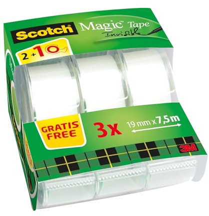 Scotch Nastro adesivo Magic, Rotoli di Nastro Adesivo Trasparente con Dispenser, Confezione da 3 Pezzi, Dimensione Nastro Adesivo 7,5 mm x 3 mm - Ottimo per Ufficio e Scuola