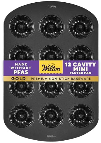 Wilton Gold Non-Stick Bakeware Mini Fluted Pan - Baking Pan for Mini Bundt Cakes, Donuts & More - Made Without PFAS & Scratch Resistant - Offers Even Heat Distribution - 16.5 x 11 Inch, 12-Cavity