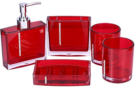 Yosoo 5-Stück Erstklassig Badezimmer Set (aus Hochwertige Acryl mit Diamanten) Bad Accessoire Set Lotion-Flaschen, Zahnbürstenhalter, Zahn-Becher, Seifenschale (Rot)