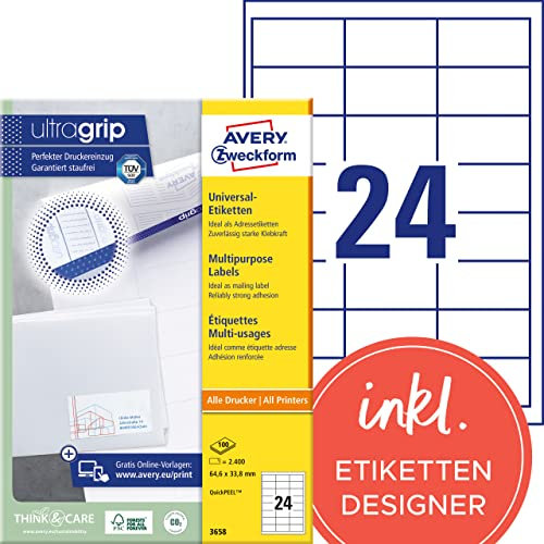 AVERY Zweckform 3658 Adressaufkleber (2.400 Klebeetiketten, 64,6x33,8mm auf A4, Papier matt, bedruckbare Absenderetiketten, selbstklebende Adressetiketten mit ultragrip) 100 Blatt, weiß