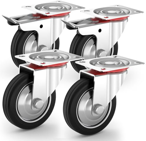 PRIOstahl Schwerlastrollen Set 4 x 125mm Transportrollen mit Bremse bis 400kg Vollgummi Lenkrollen Industrierollen für Werkstatt Werkbank Werkzeugwagen oder Transportroller Palettenmöbel