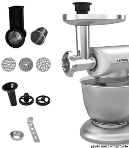 H.Koenig AC8 Fleischwolf, Aufsatz für Küchenmaschine KM80, 3 Lochscheiben verschiedene Hackgrössen, Reibe mit 2 Einsätzen, silber