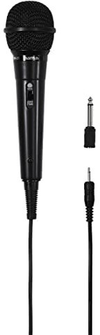 Hama - 46020H - Micro monophonique, finition noire métal, jack de 3,5mm et adaptateur 3,5/6,35 mm, interrupteur marche/arrêt sur le micro, 600 Ohms, dynamique et unidirectionnel - Cordon 3.00m