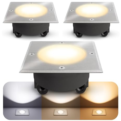 SSC-LUXon VIROK Bodeneinbaustrahler 3x eckig IP67 GX53 5W 3 Lichtfarben | Befahrbare Bodenleuchten im 3er Set eckig für Garten, Terrasse & Zufahrt - trittfest bis 2t, Glas klar & satiniert