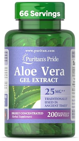 Puritan's Pride Aloe Vera Gel Extract 25 mg (5000mg Equivalent), Highly Concentrated Herbal Supplement, 200 Rapid Release Softgels (Packaging May Vary)