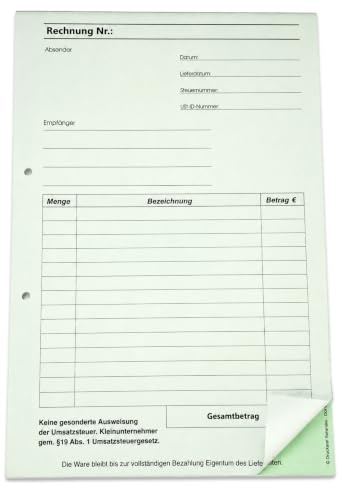 10 x Block Rechnung Kleinunternehmer §19 DIN A4, 2-fach selbstdurchschreibend,2x50 Blatt weiß/grün - gelocht (22635) | 50 selbstdurchschreibende Rechnungen für Kleinunternehmer nach §19 – weiß/grün, gelocht