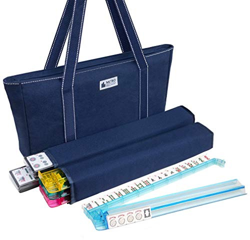 American Mah Jongg Set - 166 Premium White Tiles, 4 All-in-One Rack/Pushers, Blue Canvas Bag