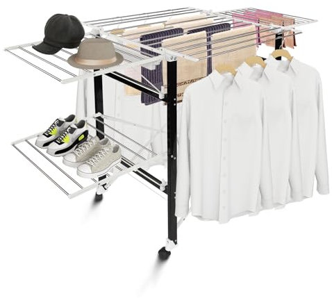 Todeco - Klappbarer Kleiderbügel, Klappbarer Wäscheständer - Material: Edelstahl - Größe der großen klappbaren Seitengitter: 49,0 x 43,2 cm (x 4 Teile) - 174 x 105 x 84 cm, Schwarz/Weiß