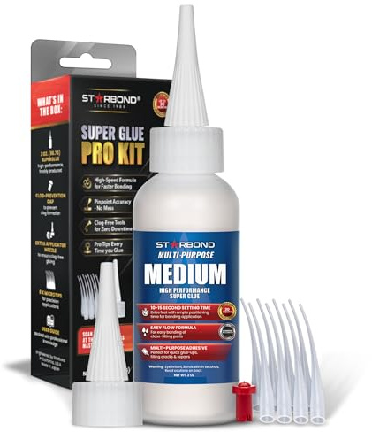 Starbond Medium Super Glue Pro Kit | Cyanoacrylate CA Glue | Waterproof Super Glue All Purpose Adhesive for Wood Metal Crafts | Fast Strong Glue | Clog-Resistant Cap, Microtips & Nozzle | 2 oz