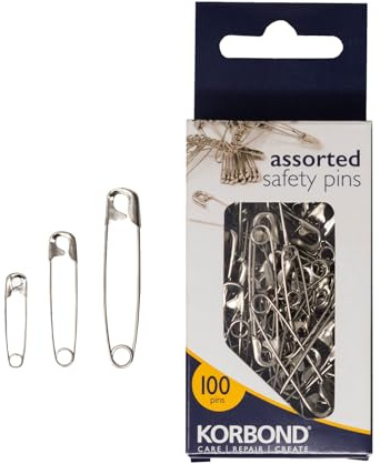 Korbond Safety Pins – 100 Pieces in Assorted Sizes – 2.5cm, 3.5cm & 5cm Pins – Tempered Steel