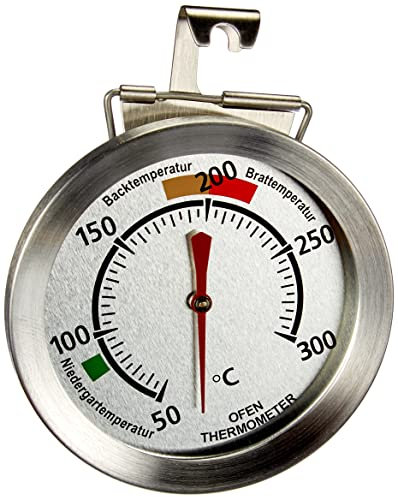 SUNARTIS - Ofenthermometer | Hochwertiges Backofenthermometer mit mehrfarbigem Ziffernblatt. Ofenthermometer aus Edelstahl mit Haken und Standfuß | Thermometer für Backofen bis 300 °C | Ø7,2x2,5cm