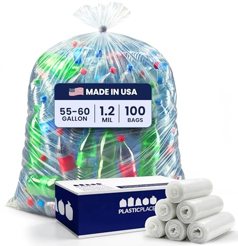 Plasticplace 55-60 gallon Trash Bags │ 1.2 Mil │ Clear Garbage Can Liners │ 38” x 58” (100Count)