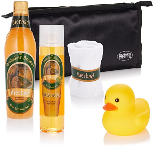 BRUBAKER Cosmetics Bier Badeset Geschenkset für Männer mit Kulturbeutel, Waschlappen und Quietscheente
