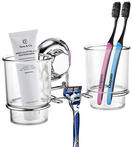 MaxHold No-Drilling/Suction Cup Double Toothbrush Tumbler Holder - Vaccum System - Stainless Steel Never Rust - for Bathroom & Kitchen