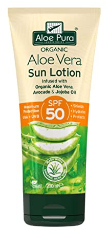 Aloe Pura, Organic Aloe Vera Sun Lotion SPF 50, Natural, Vegetarian, Cruelty Free, Paraben & SLS Free, Long-Lasting Shield, Maximum Protection, 200ml