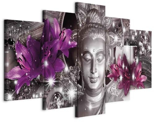 B&D XXL - Wandbilder XXL 200x100cm 5 tlg - Wand Deko Leinwand Bilder Groß Wanddeko Wohnzimmer Schlafzimmer Kunstdrucke - Buddha Blumen Diamant h-C-0029-b-o