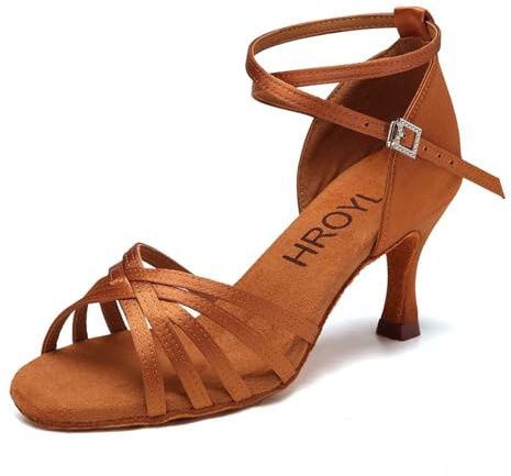 HROYL Damen Latein Tanzschuhe Salsa Ballsaal Satin Tanz Sandalen Tanzschuhe Damen Standard und Latein,213-Braun-7,EU 37.5