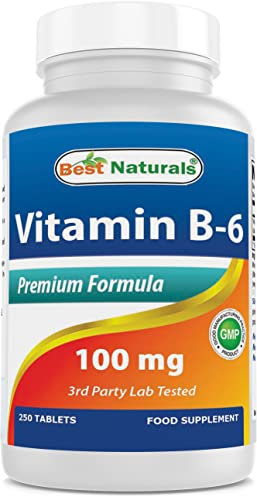 Vitamin B-6 100 mg 250 Tablets by Best Naturals -- Supports Casrdiovascular Health -- Manufactured in a USA Based GMP Certified Facility and Third Party Tested for Purity. Guaranteed!! (250 Tablets, 100 mg) (250 Count (Pack of 1))