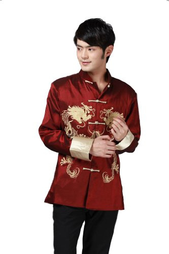 JTC Chinese Style Tai Chi Shirt Kung Fu Tops Tang Suit Men Long Sleeve Dragon Embroidered Jacket Coat Outwear (UK M-Chinese XL, Red)