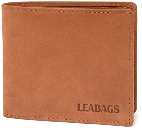 LEABAGS Billetera de Cuero para Hombres | Protección RFID | Formato Horizontal | Monedero con Compartimento para Monedas | 11 Compartimentos para Tarjetas | Costura Reforzada | Marrón Claro Natural