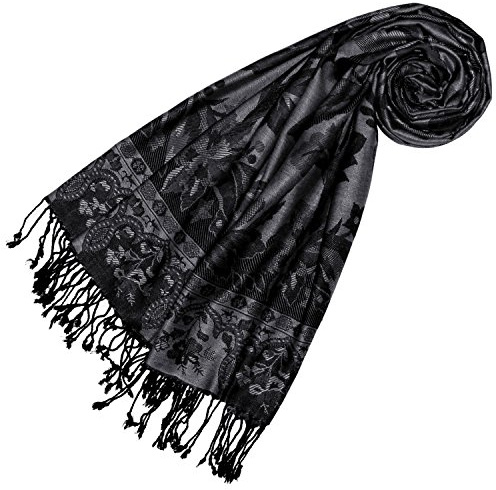 Lorenzo Cana märken Pashmina dam halsduk omslagsduk naturfiber överdådigt mönster i harmoniska färger med fransar svart grå 70 cm x 200 cm 78330