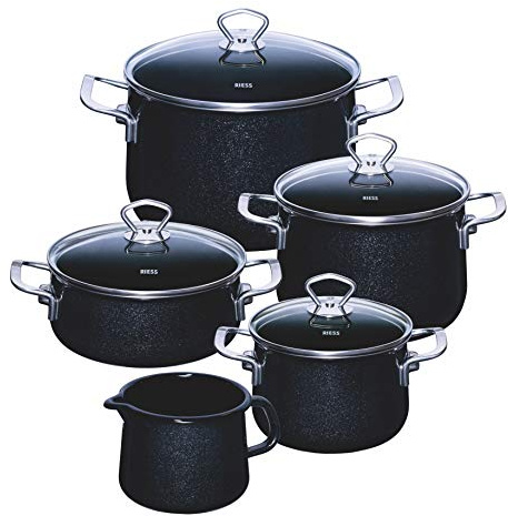 Riess, 0546-009, Emaille Topf Sparset 5tlg. NOUVELLE, BLACK MAGIC, Emaille, Vol. (rec.): 10,0 Liter, Made in Österreich, LBH: 48,5x39,0x28,5cm, 7,380kg, Induktionskocher kompatibel, Gasherd geeignet