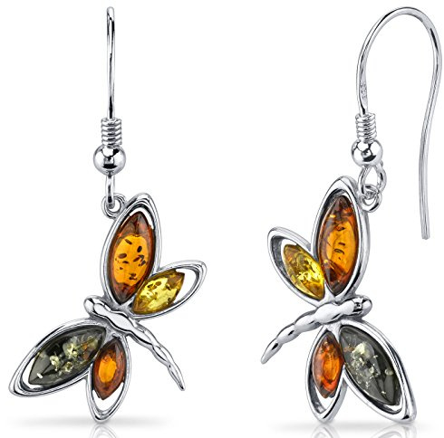 Peora Genuine Baltic Amber Dragonfly Dangle Earrings for Women 925 Sterling Silver, Rich Multiple Colors, Fishhooks, Real Baltic Amber Earrings for Adults, 100% Natural from Baltic Region