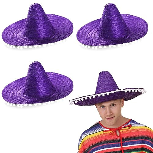 Mexikansk lila sombrero med vita pompoms – stråhatt maskeraddräkt idealisk för höns/svensexa, sommar, strandfest, grossist – paket med 100