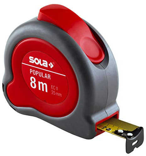 SOLA POPULAR - Bandmaß 8m / 25mm - Profi-Rollbandmaß mit Gürtelclip - Stahlband, gelb lackiert mit mm Skala - Genauigkeitsklasse II - Rollmeter mit beweglichem Endhaken - Metermaß Länge - 8m / 25mm