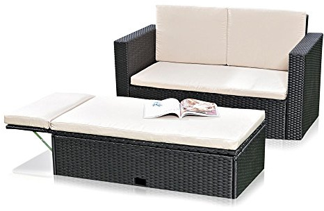 Melko Gartenmöbel Set Lounge Sofa Gartenset Polyrattan mit Ottomane Schwarz | 2-Sitzer mit klappbarer Fußbank, Stauraum unter dem Sitz, Kissen inkl., Bezüge abnehmbar und waschbar, wetterfestes Geflecht