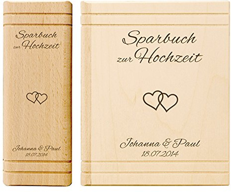 Casa Vivente Spardose aus Holz in Buchform mit Gravur – Sparbuch zur Hochzeit – Herzen – Personalisiert mit Namen und Datum – Hochzeitsgeschenk