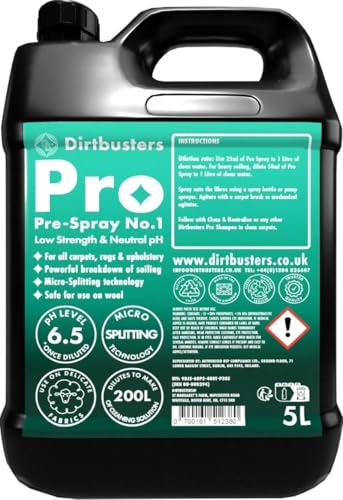 Dirtbusters professional prespray number 1 solution carpet & upholstery cleaner. Neutral ph for safe cleaning of wool natural fabrics & rugs