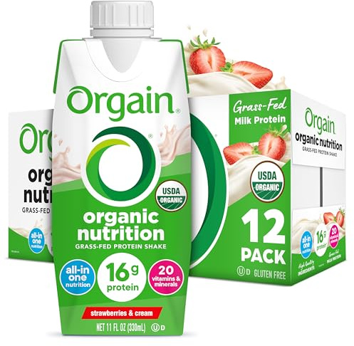 Orgain Organic Nutritional Protein Shake, Strawberries & Cream - 16g Grass Fed Whey Protein, Meal Replacement, 20 Vitamins & Minerals, Fruits & Vegetables, Gluten Free, Non-GMO, 11 Fl Oz (12 Pack)