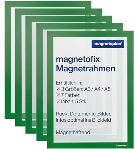 magnetoplan magnetofix - Marco magnético para documentos y fotos, 5 unidades, color verde, formato A4, marco magnético para documentos y fotos, para oficina, escuela, almacén y taller