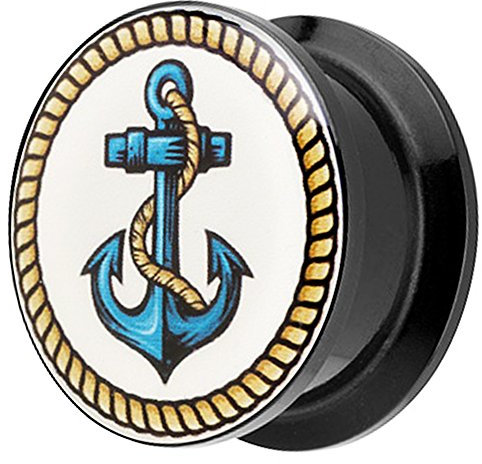 Piersando Ohr Plug Piercing Kunststoff Motiv Comic Picture Flesh Tunnel Ohrplug mit Anker Maritim Schwarz 18mm