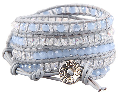 KELITCH Blue Crystal Beaded Charm Armband Auf Grauem Leder 5 Wickelarmbänder Handgefertigter Schmuck (Grau Blau)
