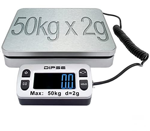 DIPSE Parcel Mini 50 kg x 2g - Digitale Paketwaage mit 50kg Wägeleistung in 2g-Schritten, externem LC-Display und Edelstahl-Wiegeplattform | Tara Funktion kg g Pfund digitale Küchenwaage Tischwaage Briefwaage