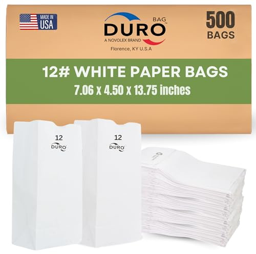 Duro 12# White Paper Lunch Bags 500 Count, Bulk Disposable SOS Paper Bags for Bread, Bagel, Deli & Restaurant Takeout or Delivery - 7.06 x 4.50 x 13.75 Inches