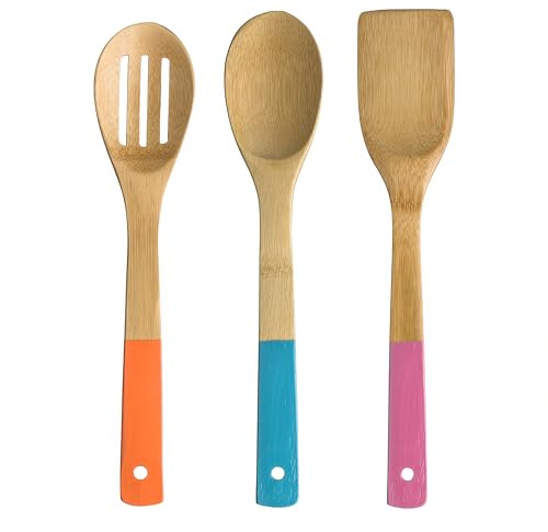 Premier Housewares 3pc Bamboo Kitchen Utensil Set with Coloured Handles|Eco-Friendly Kitchen Gadget Set|Spoon, Slotted Spoon & Turner Set|Durable & Lightweight Cooking Tools