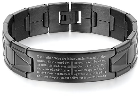 JewelryWe Schmuck Herren Armband, Englisch Bibel Gebet Kreuz Edelstahl Armreif Armkette, Schwarz Silber